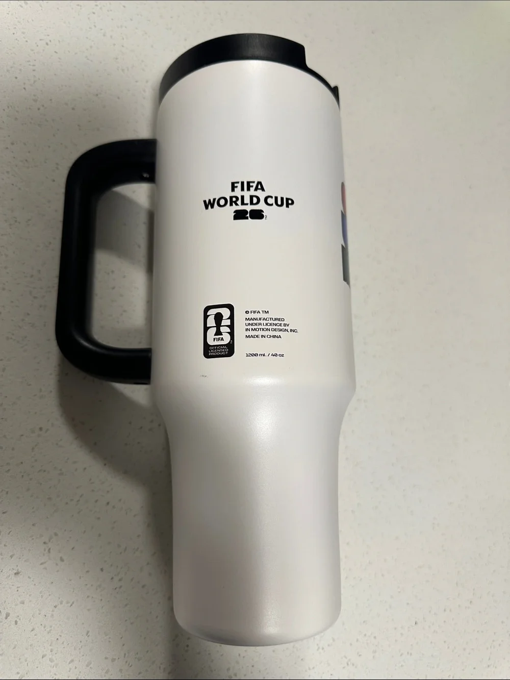 Official FIFA White 40 oz. Travel Mug with Handle - CAN MEX USA World Cup Design
